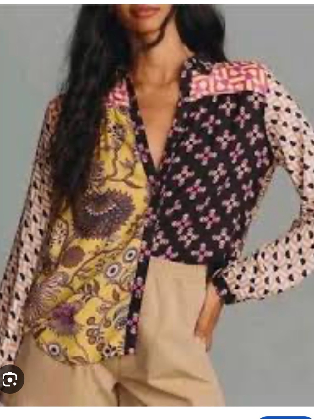 Anthropologie Maeve Paz -Print Patchwork Button-Up Shirt in Yellow, Black & Pink